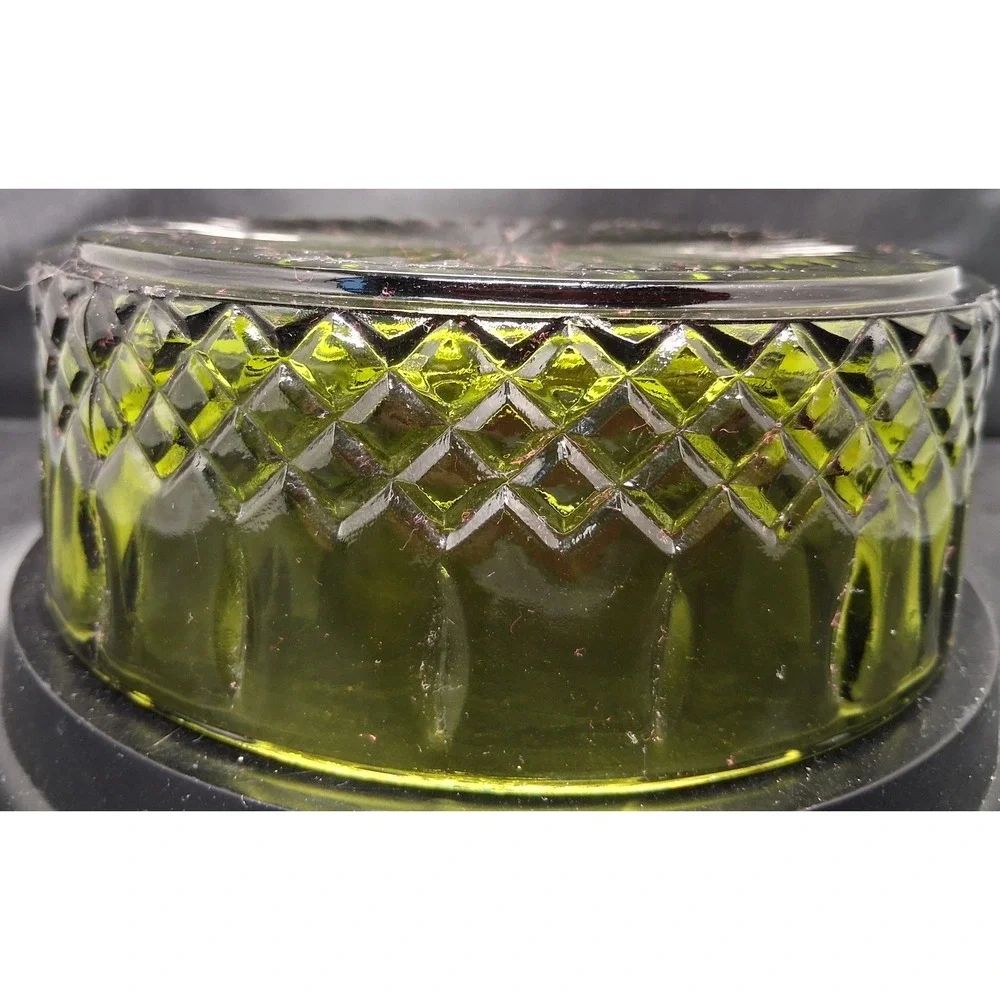 Vintage Olive Green Pressed Glass Candy Dish Lid Diamond Point Thumbprint Jar